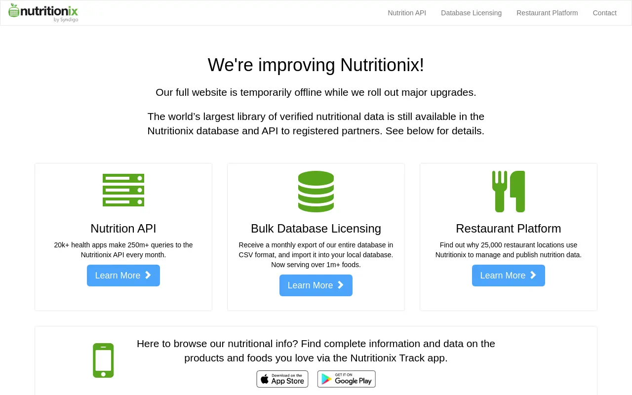 nutritionix.com 첫 화면