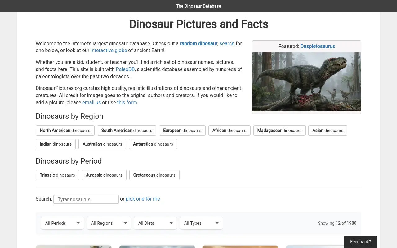 dinosaurpictures.org 첫 화면