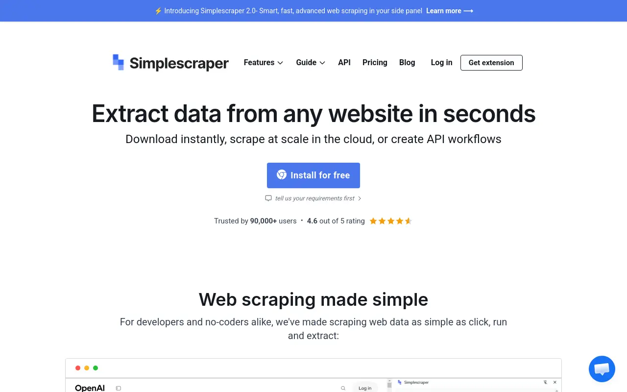 simplescraper.io 첫 화면