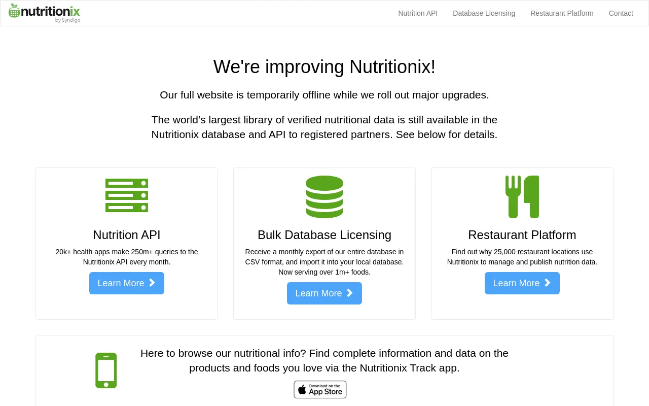 nutritionix.com 첫 화면