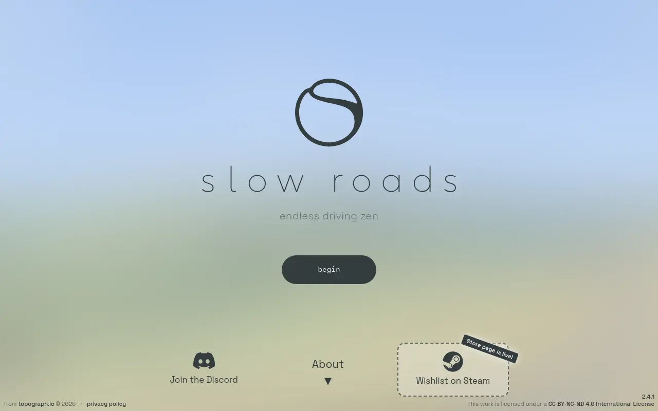 slowroads.io 첫 화면