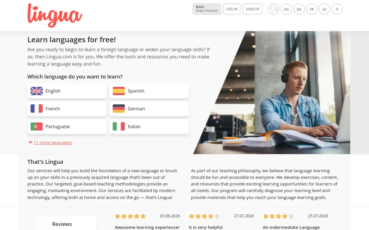lingua.com 첫 화면